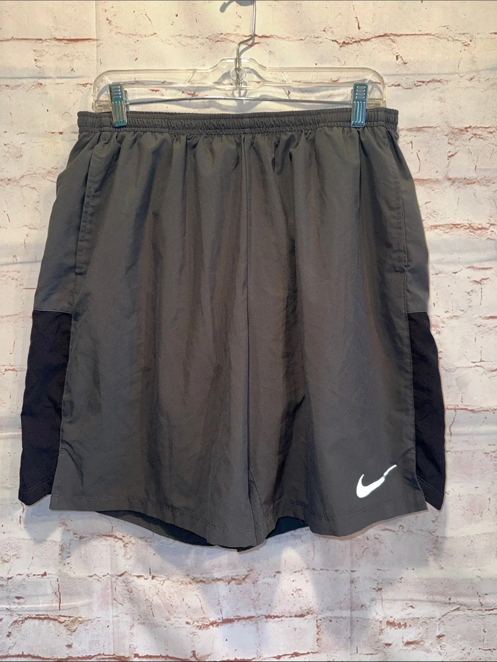 Nike Men's Gray Athletic Shorts Black Side Panels White Swoosh Dri fit pockets